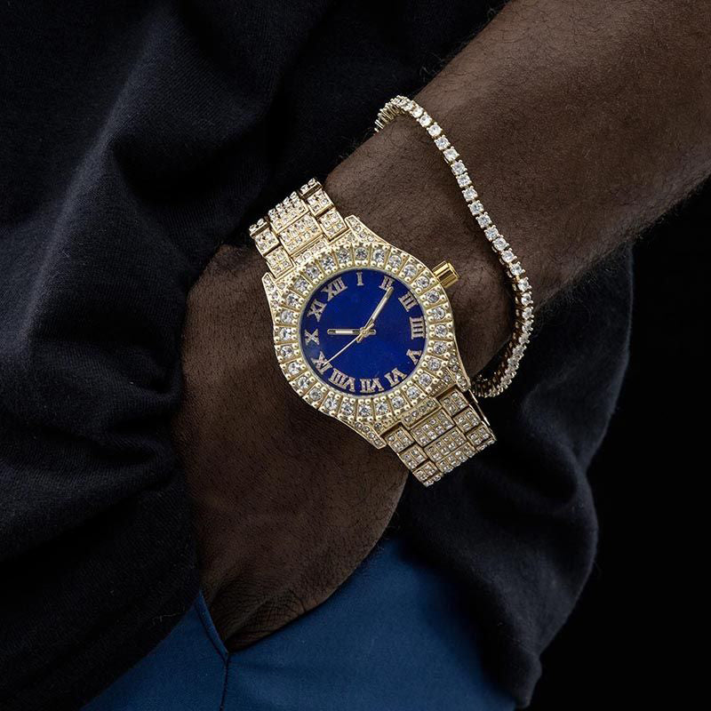 Iced Roman Numerals Blue Dial Men's Watch in Gold – VVSBOX